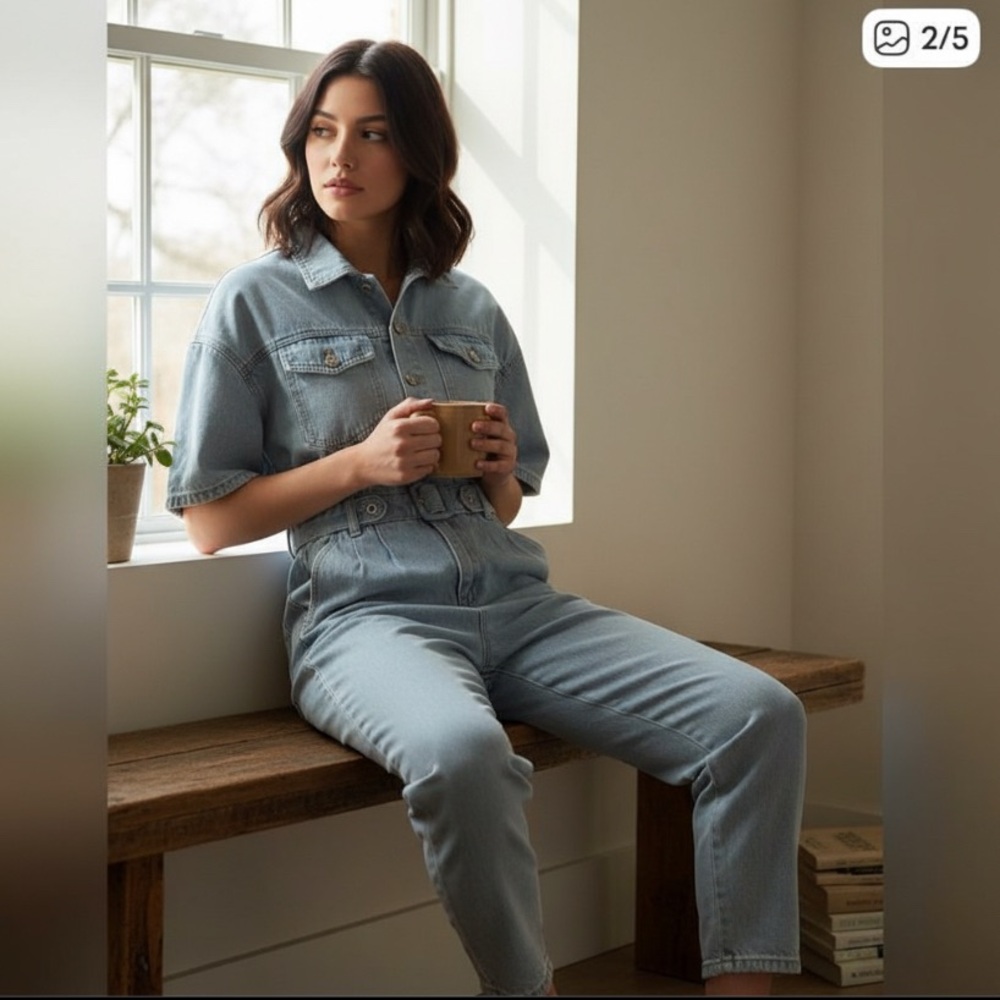 Boohoo Light Blue Denim Boilersuit Jumpsuit Short Sleeve Size 2